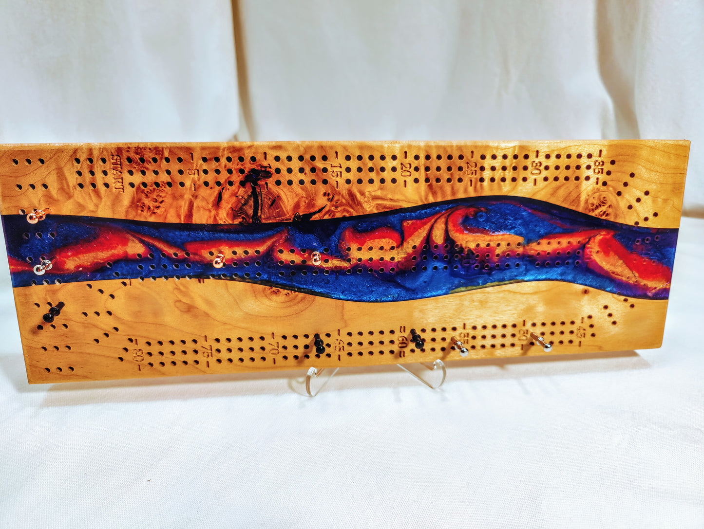 Figured Maple & Resin Cribbage Board * 3 Track Cribbage Board * Figured Maple