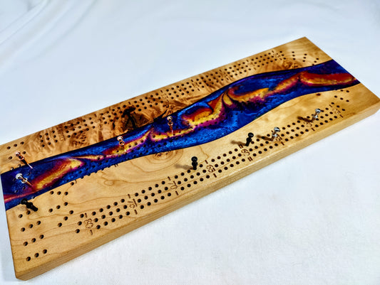 Figured Maple & Resin Cribbage Board * 3 Track Cribbage Board * Figured Maple
